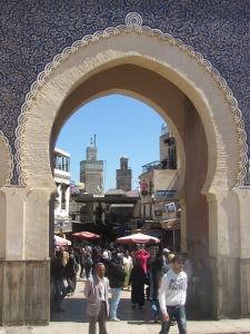 The elaborately tiled and horseshoe shaped Bab Bou Jeloud gate leading to the medina in Fez.