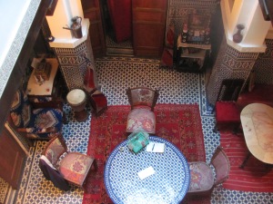 Looking down from the 3rd level of our riad in Fez to the central area where we ate our breakfast and chatted with our host and other guests.