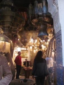 Shops in the crowded medina in Marrakesh.