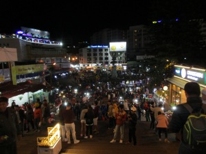Looking down on the market at night.